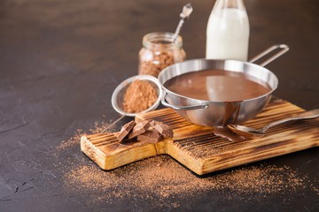 hot chocolate in a pan on a board, selective focus, copy space