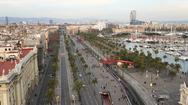 View of Passeig de Colom street from top of Monument to Columbus in Barcelona, Spain