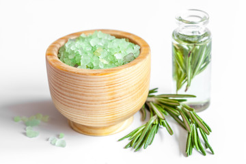 organic cosmetics with extracts of herbs rosemary on white background