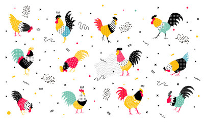Set roosters in a pop art style. - 133489487