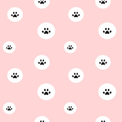Fototapeta na wymiar cute lovely black paw print in white circle on pink background seamless vector pattern illustration