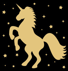 cute gold unicorn silhouette with stars on black background vector illustration

