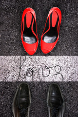 Male and female shoes on asphalt, love concept, Valentines day card