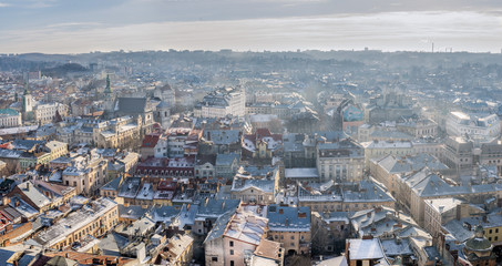 Winter panorama - landscape of Lvov in sunny day from tower