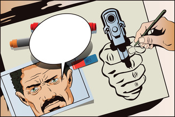 Hand paints picture. Weapon in hand. Painted gun shoots.