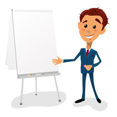 Cartoon businessman pointing to the text space flip chart board