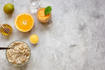 organic citrus scrub homemade on gray background top view