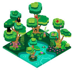 3d isometric design illustration nature landscape with forest, lake, trees, bees, butterflies, snake and crow. Vector illustration.