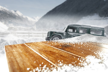 wooden table and winter car 