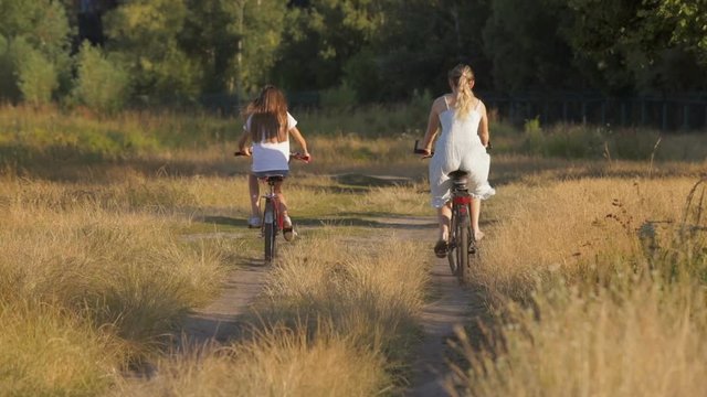 Rear view shot of young woman riding bicycle with her daughter through field at sunset