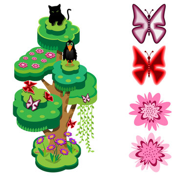 Animal tree. Flowers, butterflies, crow and black panther. Isometric view. Vector illustration.