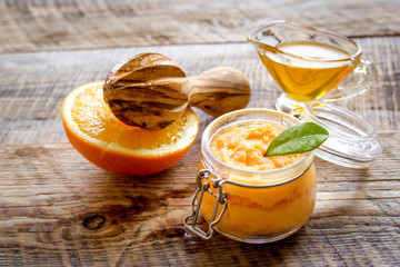 organic citrus scrub homemade on wooden background