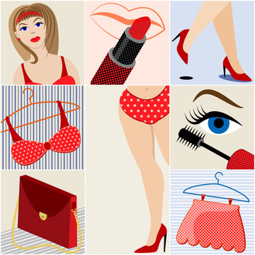Women's clothing and makeup. Summer collection. Pop art style. Vector illustration.