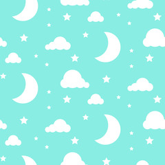 BLue and white background. Starlight moon night seamless kid vector pattern. Monochrome toddler style textile fabric cartoon scandinavian ornament.