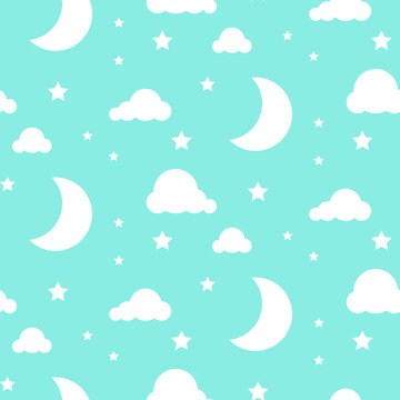 BLue and white background. Starlight moon night seamless kid vector pattern. Monochrome toddler style textile fabric cartoon scandinavian ornament. © YoPixArt