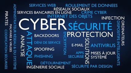 Cyber security and protection word tag cloud. 3D rendering, blue French variant.