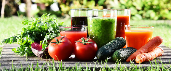 Glasses with fresh organic detox juices in the garden