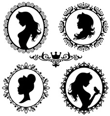 Set of silhouettes of princess. Isolated on white. 