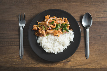 Thai food, Spicy fried chicken salad served with jasmine rice on dish.