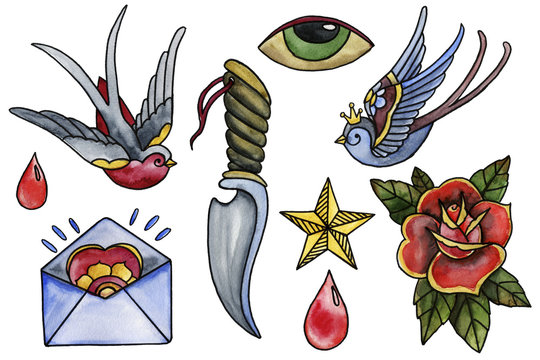 Naklejki Old School watercolor and ink tattoo