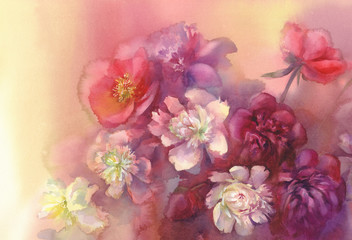 bouquet of violet and white peonies watercolor