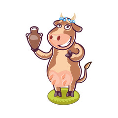 Happy cartoon cow holding milk.