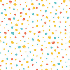 Seamless multicolored baby vector free hand doodle texture with dots, dry brush ink art.