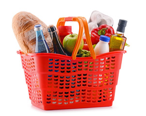 Plastic shopping basket with assorted grocery products