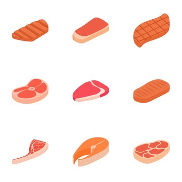Kind of meat icons set, cartoon style