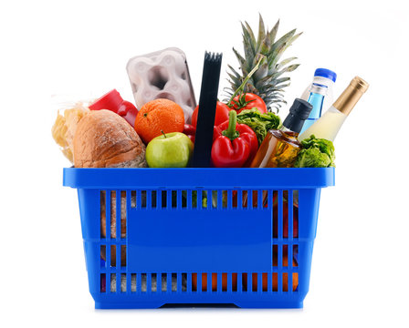 Plastic Shopping Basket With Assorted Grocery Products