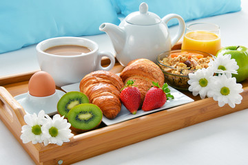 Breakfast tray in bed in hotel room