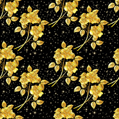 Seamless Floral Background, Golden Shiny Flowers Roses on Black Background. Eps10, Contains Transparencies. Vector
