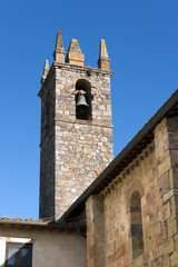 Detail of the church of Santa Maria Assunta (XIII century). Village of Monteriggioni, Siena, Tuscany, Italy 
