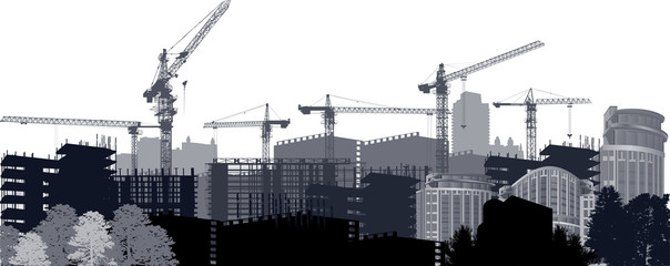 panorama with gre isolated buildings and cranes