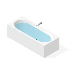 Modern bathtub filled with water. Vector bath tub in isometric perspective. Isolated sanitary equipment purchased with modern water battery tap. Rectangular bathroom fixtures in family house apartment