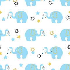 Cute blue elephants seamless pattern. Vector kids background.