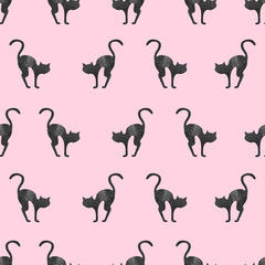 Seamless pattern with watercolor black cat silhouettes. Vector illustration. 