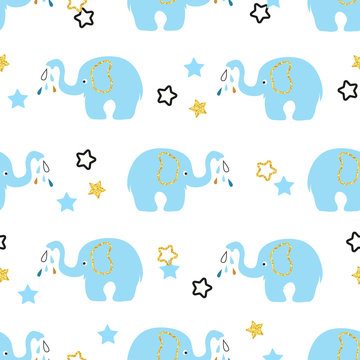 Cute blue elephants seamless pattern. Vector kids background. © Afanasia