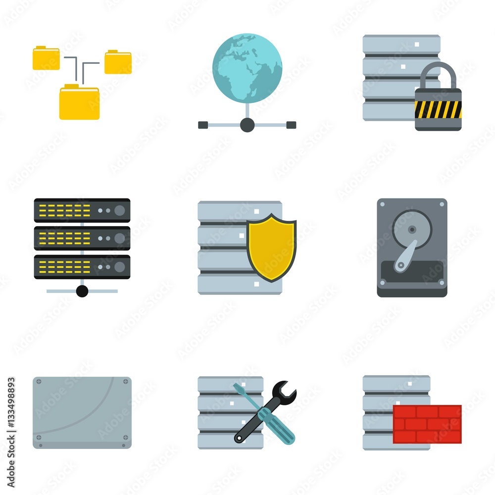 Poster computer setup icons set, flat style