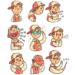 Boy In Cap And College Jacket Collection Of Hand Drawn Emoji Cool Outlined Portraits