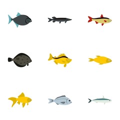 Tropical fish icons set, flat style