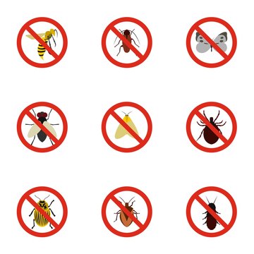 Signs of insects icons set, flat style