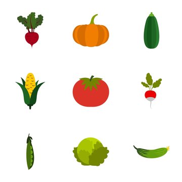 Farm vegetables icons set, flat style