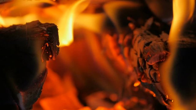 Fire In Fireplace Or Stove - Close Up Of Burning Wood In Pizza Oven, Slow Mo