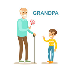 Grandpa Giving Candy To Grandson, Happy Family Having Good Time Together Illustration