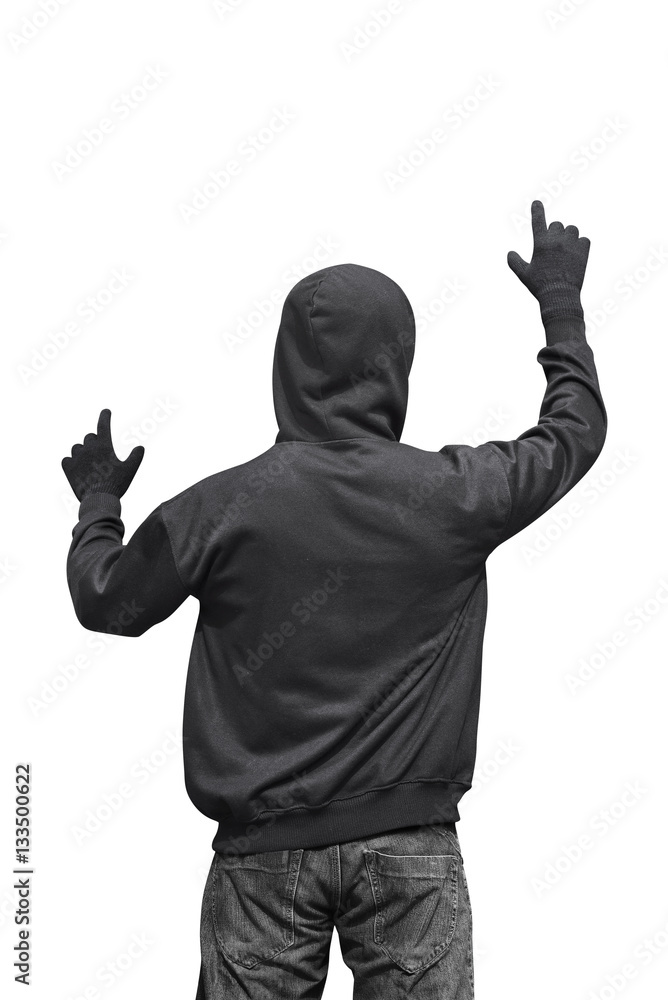 Poster back view of hooded hacker touching something