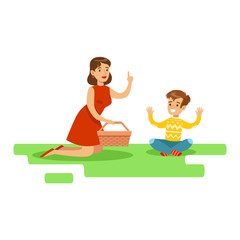 Mom And Son Having Picnic, Happy Family Having Good Time Together Illustration