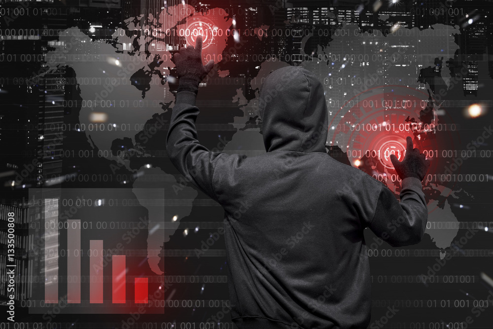 Poster back view of hooded hacker at work with virtual graphic