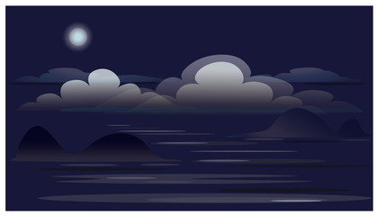 Landscape with clouds, Moon, ocean, islands.