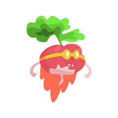 Radish WIth Glasses And Cape Dressed As Superhero, Part Of Vegetables In Fantasy Disguises Series Of Cartoon Silly Characters